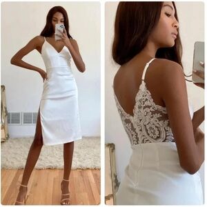 NWT Lulus Stunning Sight White Embroidered Lace Satin Midi Dress sz XS